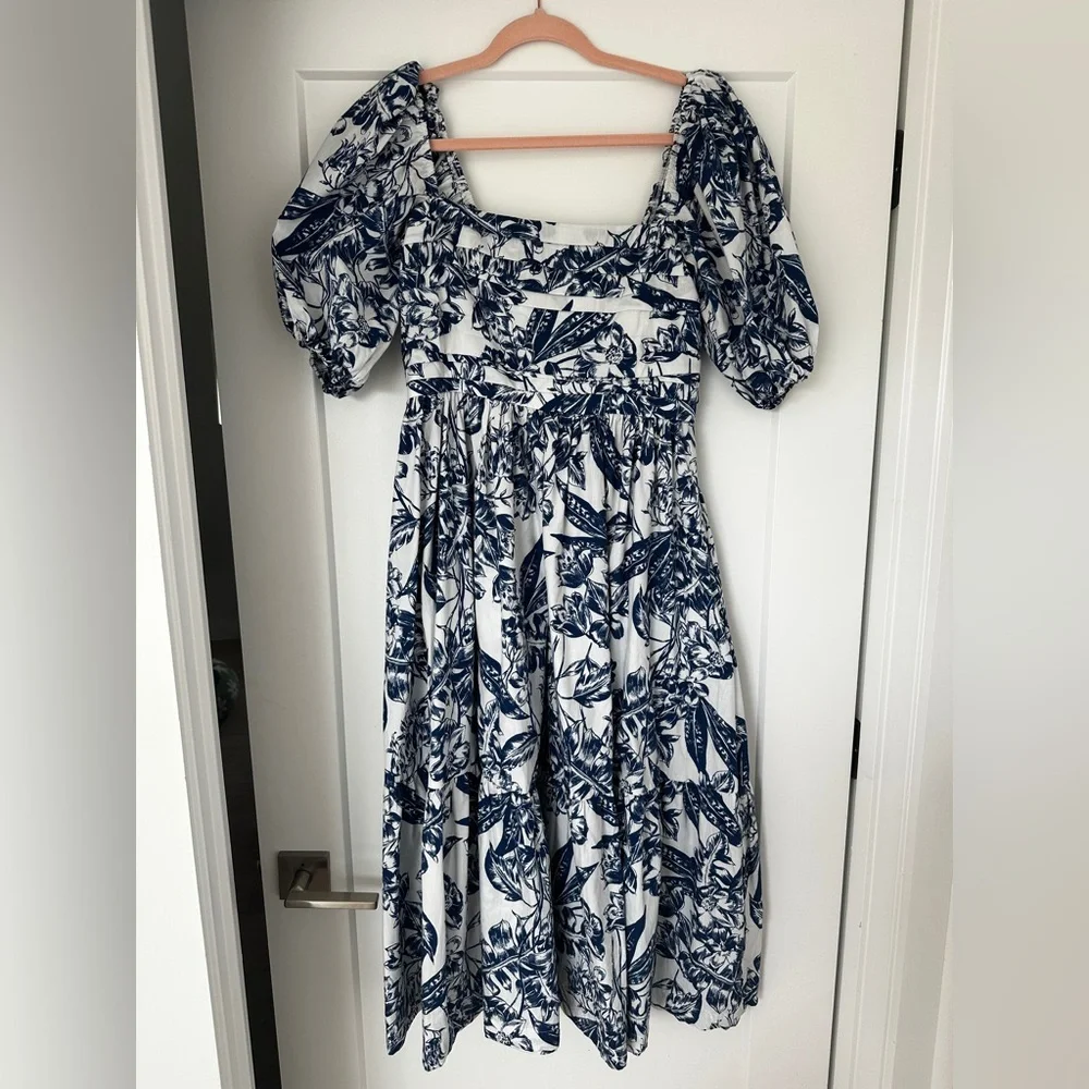 Abercrombie & Fitch Emerson Poplin Puff Sleeve Midi Dress in Blue Floral M - Picture 4 of 10